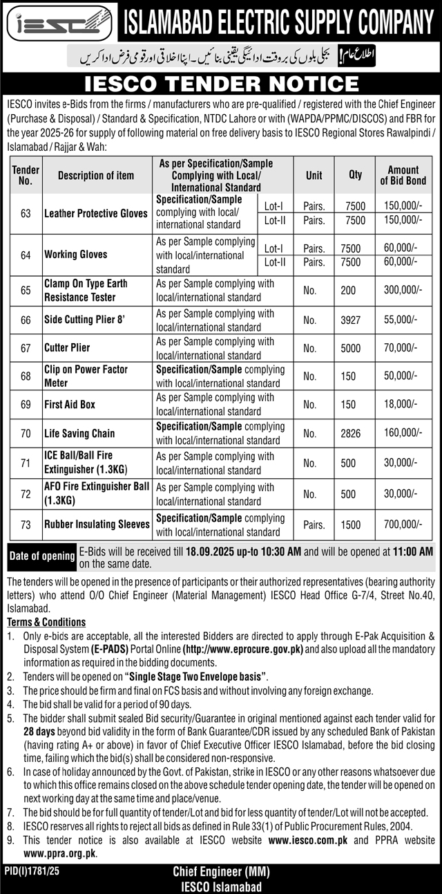 Islamabad Electric Supply Company Islamabad Tender Notice